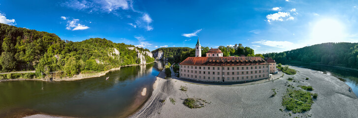 Aerial view of Weltenburg Monastery, Benedictine Abbey, on the Danube, Kelheim, Bavaria, Germany