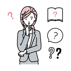 立って手をあごにあてて疑問を感じているスーツの女性 クエスチョンマークのセット