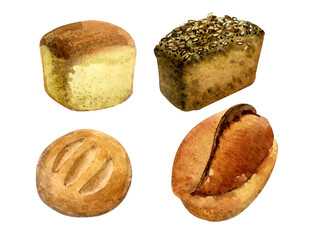Bread clip art. Watercolor illustration. Different types and forms of bread. For website design, menus, stickers, cards, etc.