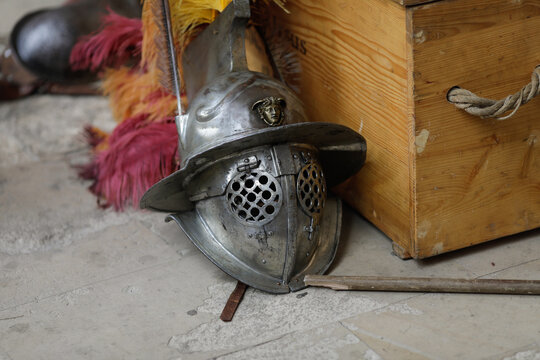 Roman gladiator equipment during a historic reenactment event.
