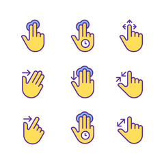 Multitouch gestures pixel perfect yellow RGB color icons set. Touchscreen control. Tablet and phone navigation. Isolated vector illustrations. Simple filled line drawings collection. Editable stroke