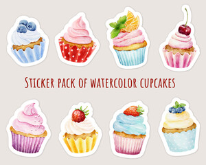 Sticker pack of watercolor different cupcakes with fresh berries