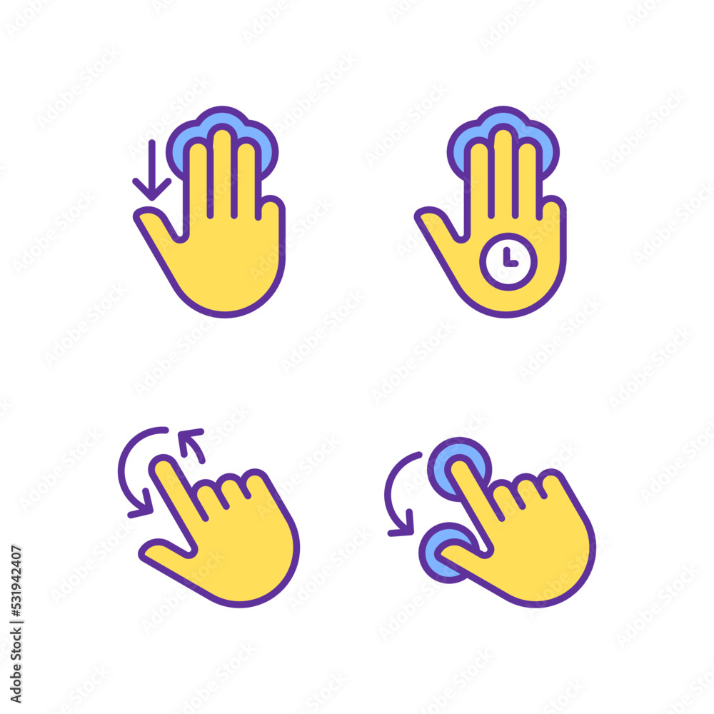 Poster multi touch control pixel perfect yellow rgb color icons set. three finger tap and hold. rotation fu