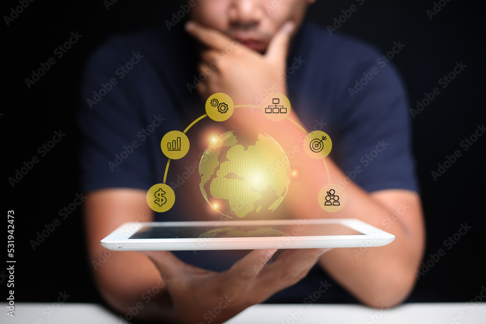 Poster man holding a tablet showing work on a digital platform connect businesses and events connected to t