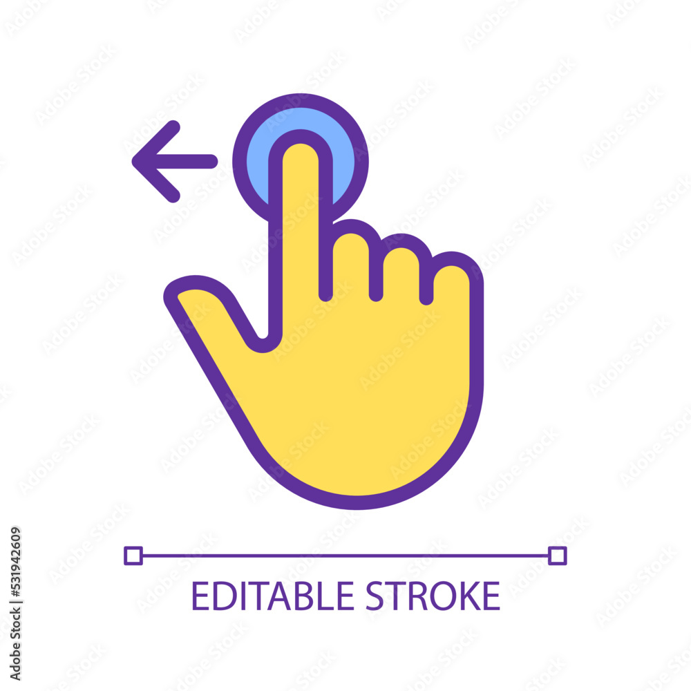Poster move to left pixel perfect yellow rgb color icon. digital device interaction. touchscreen. swipe and