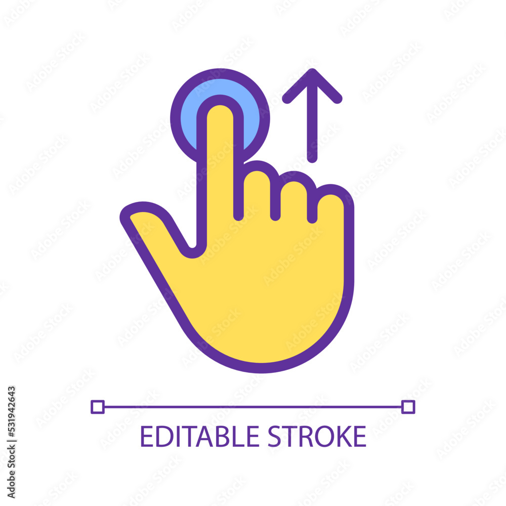 Poster move upwards pixel perfect yellow rgb color icon. swipe up. touchscreen controlling gesture. slide a