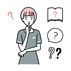 立って手をあごにあてて疑問を感じているエステ店員・受付・接客係の女性 クエスチョンマークのセット