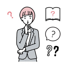 立って手をあごにあてて疑問を感じているスーツの女性 クエスチョンマークのセット