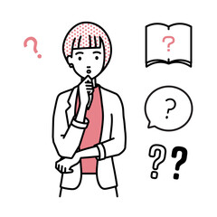 立って手をあごにあてて疑問を感じているジャケットの女性 クエスチョンマークのセット