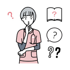 立って手をあごにあてて疑問を感じている看護師の女性 クエスチョンマークのセット