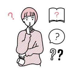 立って手をあごにあてて疑問を感じているリモートワークの女性 クエスチョンマークのセット