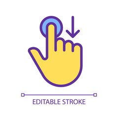 Move downwards pixel perfect yellow RGB color icon. Swipe down. Touchscreen controlling gesture. Drag and draw. Silhouette symbol on white space. Solid pictogram. Vector isolated illustration