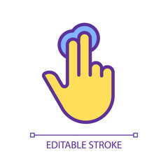 Obraz premium Double finger touch pixel perfect yellow RGB color icon. Multi touch technology. Touch screen navigation. Smartphone. Silhouette symbol on white space. Solid pictogram. Vector isolated illustration