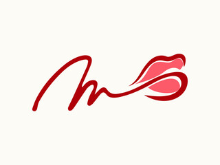 Letter m, beauty studio signature logo.Cosmetics salon, spa, makeup lettering icon isolated on light fund.Handwritten alphabet initial.Beautiful lips and red lipstick.Luxury,glamour style.