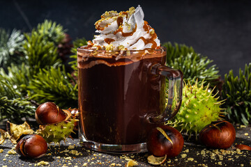 Glass cup with dark chestnut hot chocolate or choco latte, with whipped cream, caramel sauce and...