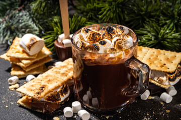 Fototapeta na wymiar Thick smores hot chocolate, hot chocolate latte drink with toasted in s`mores style marshmallow and graham cracker topping, dark background copy space