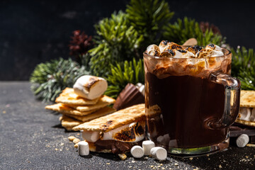 Thick smores hot chocolate, hot chocolate latte drink with toasted in s`mores style marshmallow and graham cracker topping, dark background copy space