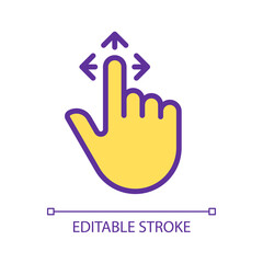 Drag pixel perfect yellow RGB color icon. Tap and pull image. Touchscreen control gesture. Pointing finger and arrows. Silhouette symbol on white space. Solid pictogram. Vector isolated illustration
