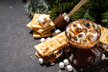 Thick smores hot chocolate, hot chocolate latte drink with toasted in s`mores style marshmallow and graham cracker topping, dark background copy space - obrazy, fototapety, plakaty