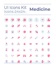 Medicine related flat gradient two-color ui icons set. Healthcare. Hospital and clinic. Vector isolated RGB pictograms. GUI, UX design for web, mobile. Montserrat Bold, Light fonts used