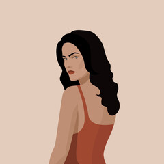 Beautiful girl with black hair and blue eyes in a red dress looks over her shoulder