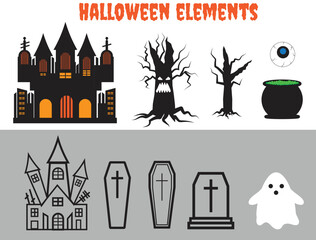 set of Halloween elements. Vector Halloween haunted house, castle, coffin, grave, ghost, eye and pot