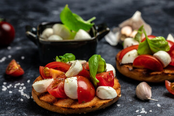 Open sandwiches with cherry tomatoes, mini mozzarella, fresh basil leaves, caprese on bread,...
