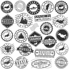 Saransk, Mordovia, Russia Set of Stamp. Vector Art Postal Passport Travel Design. Travel and Business Seals.
