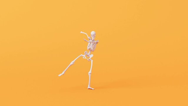 Halloween dancing skeleton character on an orange background. 3D Rendering