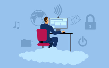 Vector illustration of businessman working with desktop computer on cloud