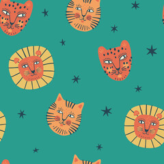 Hand-drawn animal seamless pattern. Funny tiger, lion, jaguar in cartoon stile. Cute cats and stars on green background. Kids pattern design for fabric or wallpaper.