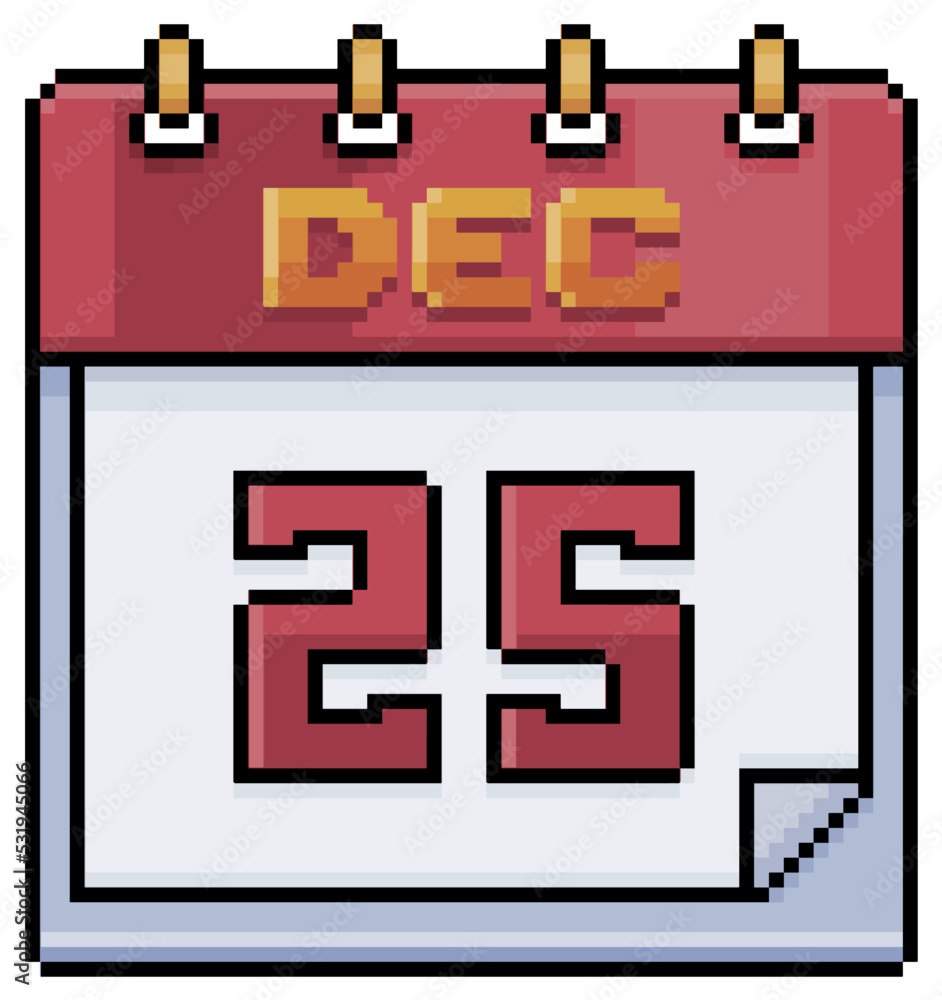 Poster pixel art calendar with december 25 date, christmas day vector icon for 8bit game on white backgroun
