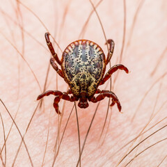 Infectious Encephalitis Tick Insect on Skin. Encephalitis Virus or Lyme Borreliosis Disease Infected Dermacentor Tick Arachnid Parasite Bite Close-up.