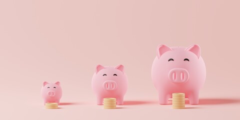 3D rendering piggy bank family with stacking money coins. Family financial, Money savings, Investment concept