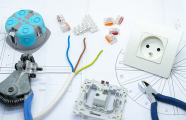electrician equipment on white background - top view