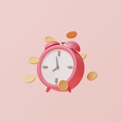 Pink cartoon alarm clock with money coins on background. In concept of time is the most valuable. 3d rendering