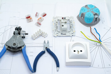 electrician equipment on white background - top view