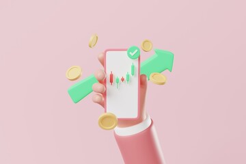 Hand holding smartphone with candlestick coins on and increasing arrow on pink background. Crypto or stock investment concept. 3d rendering