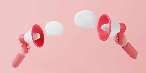 Hand holding megaphone with chat bubble on pink background. Public announcement, promotion concept. 3d rendering