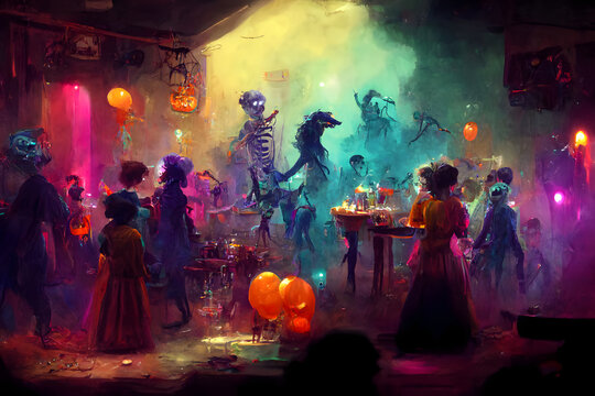 colorful halloween indoor party, neural network generated image.