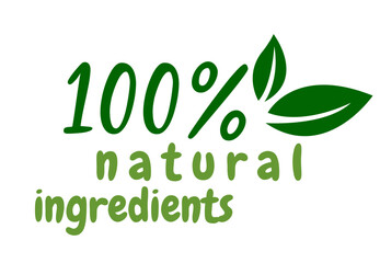 100% natural ingredients, Green Healthy Organic Natural Eco Bio Food Products Label Stamp. Natural products stickers, label, badge and logo. Ecology icon. Logo template with green leaves 