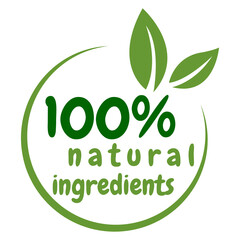 100% natural ingredients, Green Healthy Organic Natural Eco Bio Food Products Label Stamp. Natural products stickers, label, badge and logo. Ecology icon. Logo template with green leaves