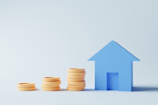 Blue house model with stacking coins on blue background. Money savings for buying new house, Real estate business investment concept. 3d rendering