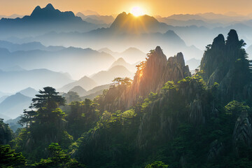 Sunrise at the Huangshan mountains - obrazy, fototapety, plakaty