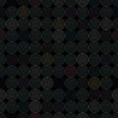 Vector seamless pattern with circles in different colors on black background. For wallpapers, decoration, invitation, fabric, textile and print, web page background, gift and wrapping paper.