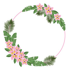 Flower arrangement,circle frame pattern,tropical leaves and flowers on a white background.Vector illustration for wedding, greeting cards,textiles.