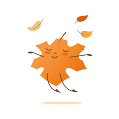 Fototapeta premium Flying happy maple leaf. Vector cartoon character.