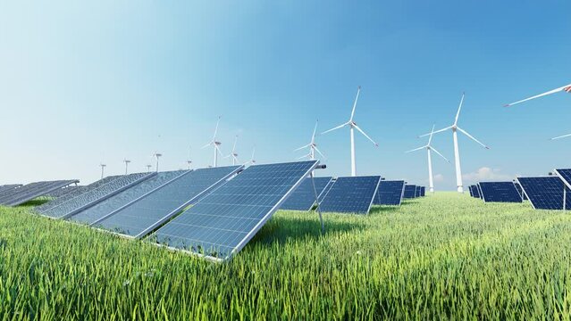 Solar power plant and windmills. Renewable energy, green tech. Green energy, renewable energy concept.