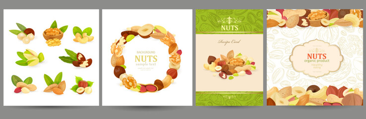 collection of card with nut. isolated nutty groups with leaves. - 531946604