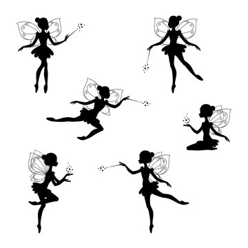 Set of pixie silhouettes. Illustrations of winged fairies in the cartoon style isolated on a white background. Vector 10 EPS.
